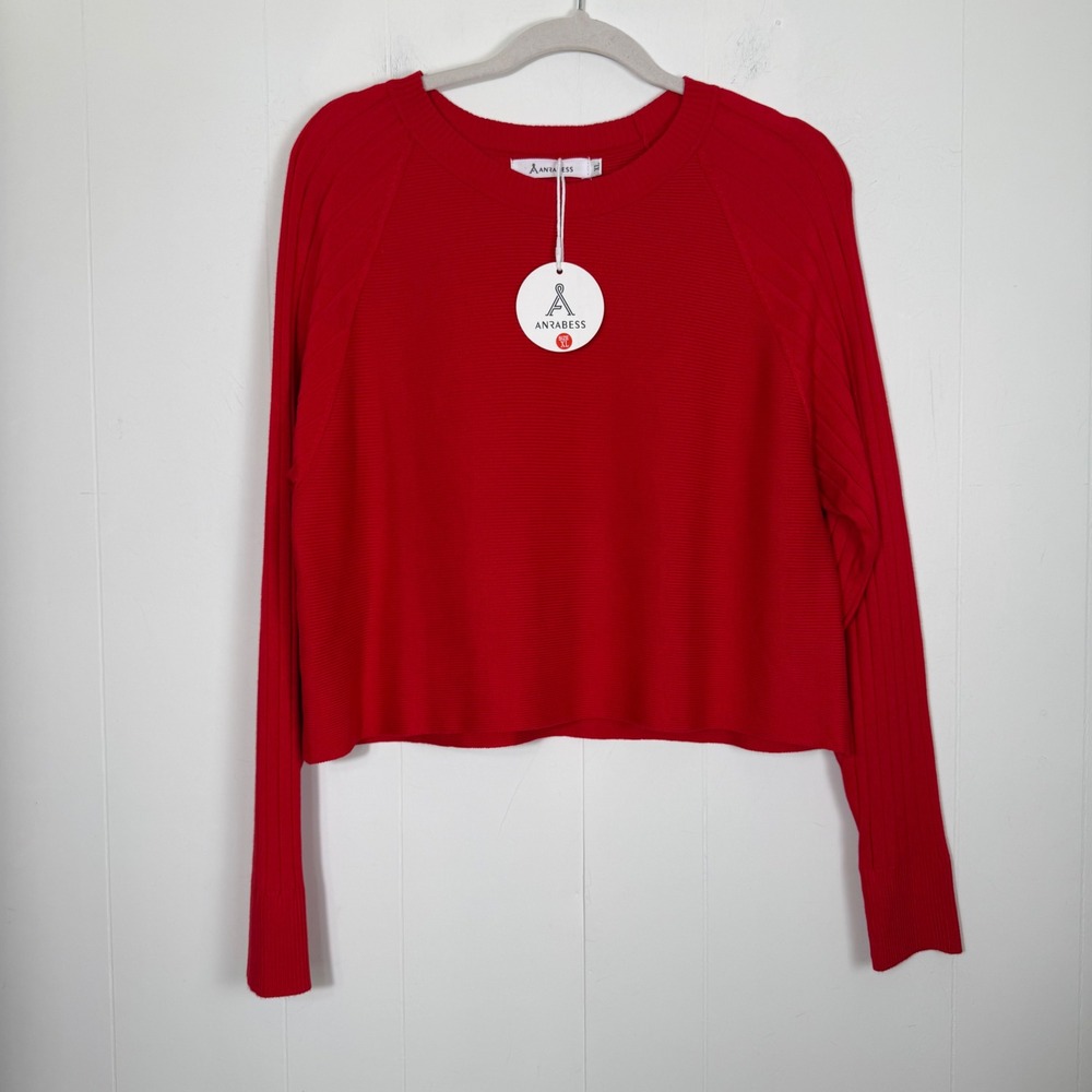 Anrabess Ribbed Boxy Crew Neck Sweater Red XL Multi-directional Knit Holiday New